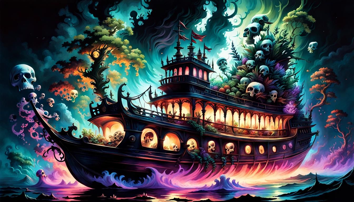 Horrorcore Lithograph: Magical Skull Boat in Chiaroscuro