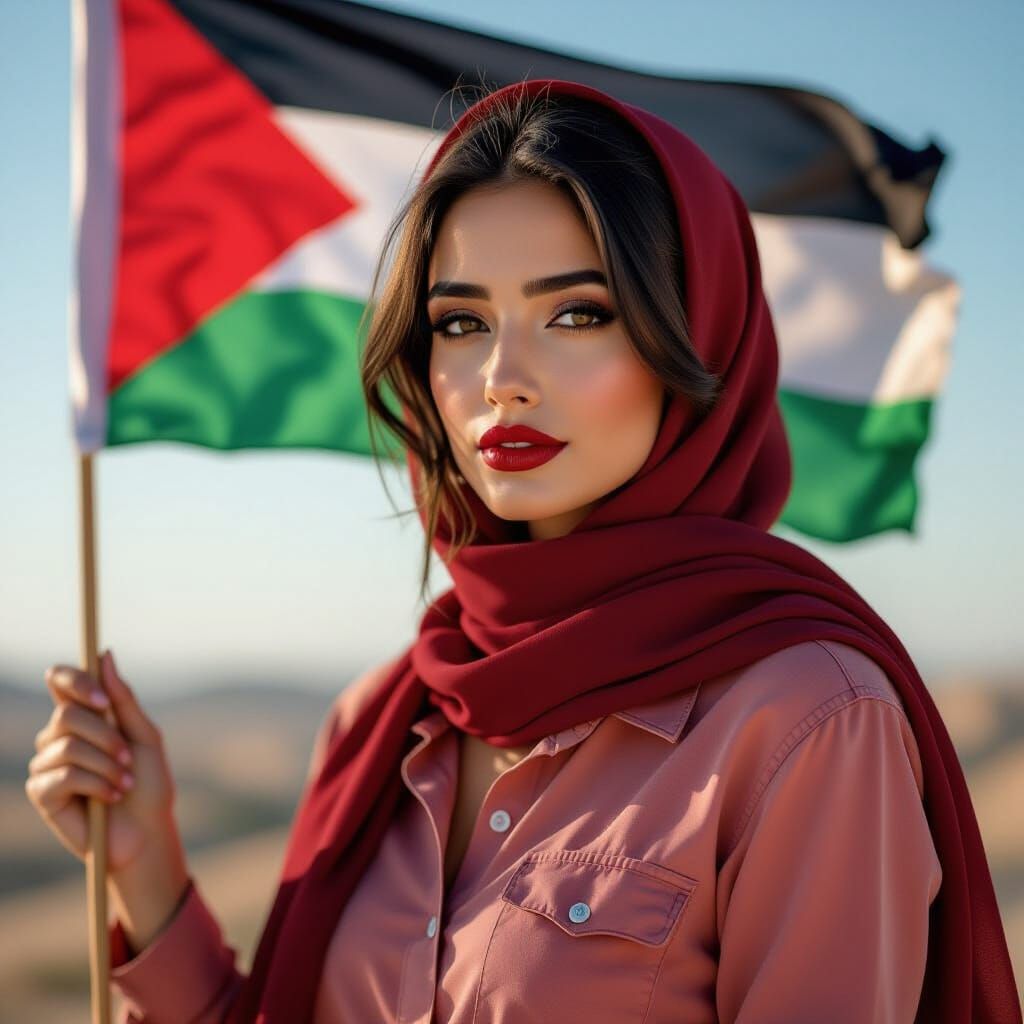 Palestinian Woman with Flag in Photographic Style