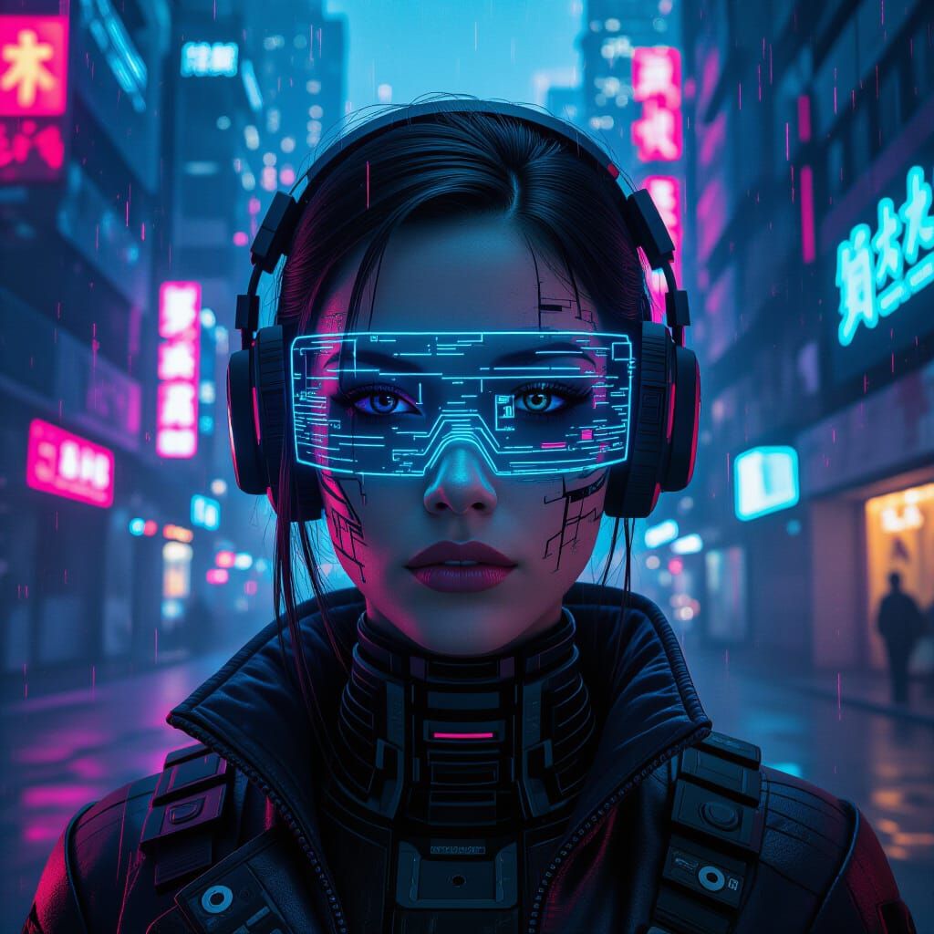 Cyberpunk Woman Drone Face in Glitching Neon Cityscape