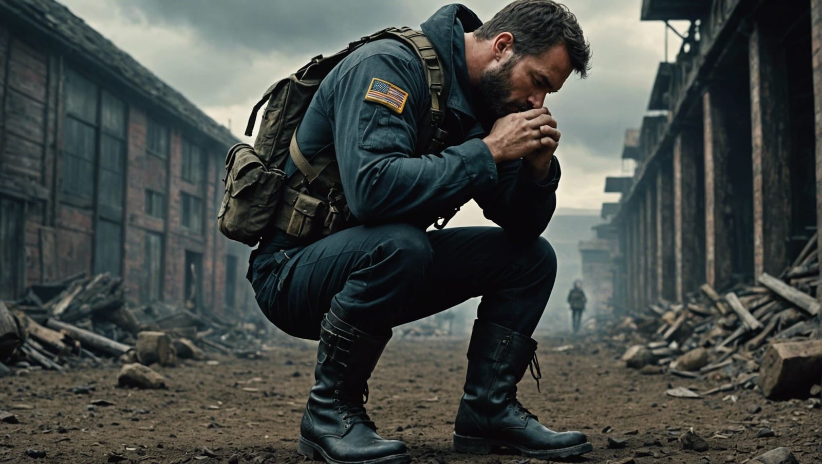 Military Man Smelling Boots: A Cinematic Still