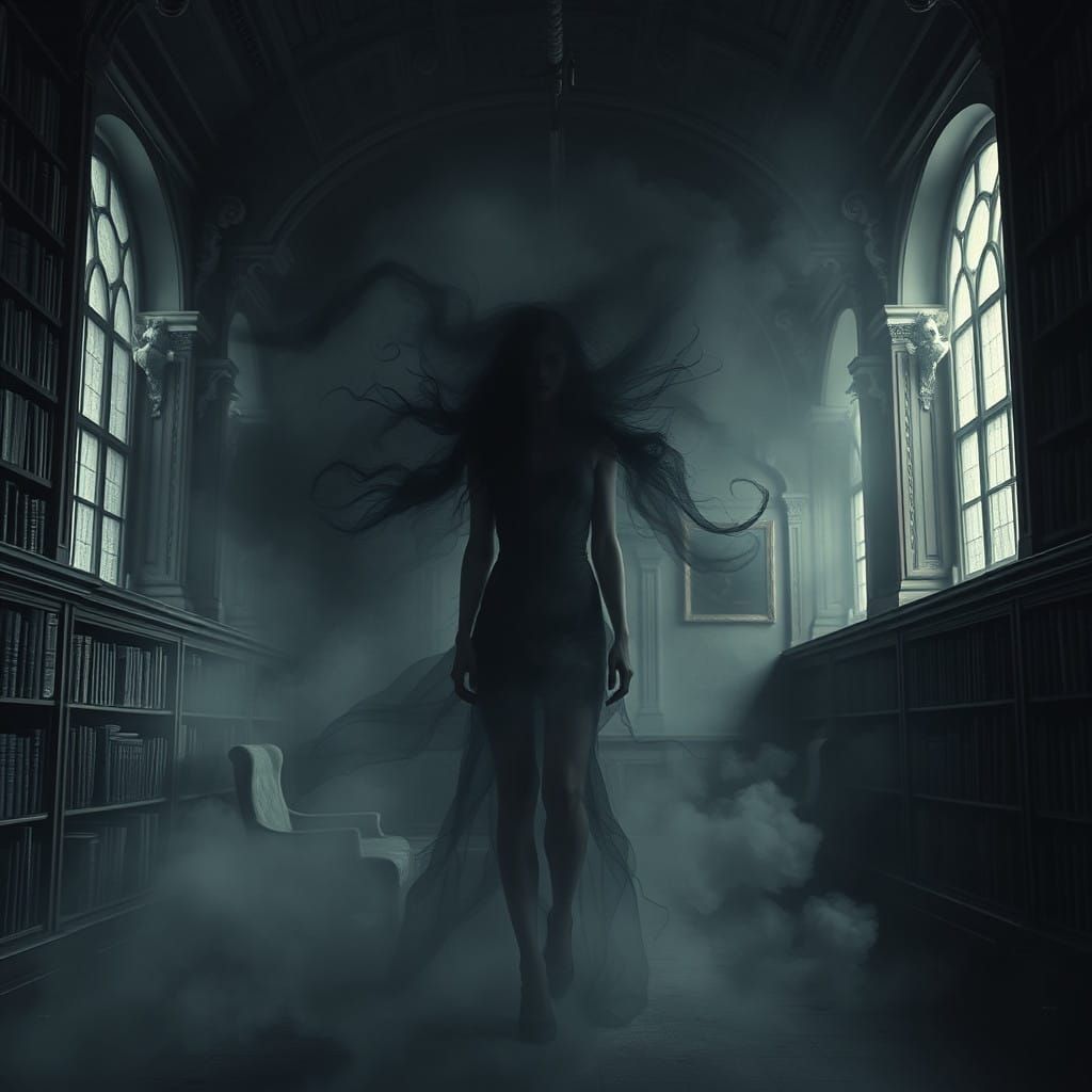 Ethereal Figure Emerges from Dark, Stormy Fog in Abandoned A...