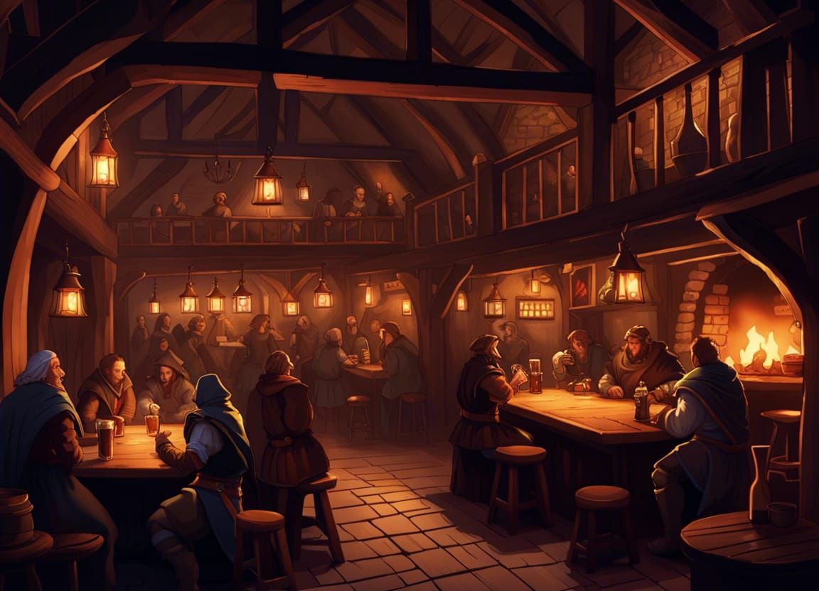 Fantasy Medieval Tavern Interior with Wizards