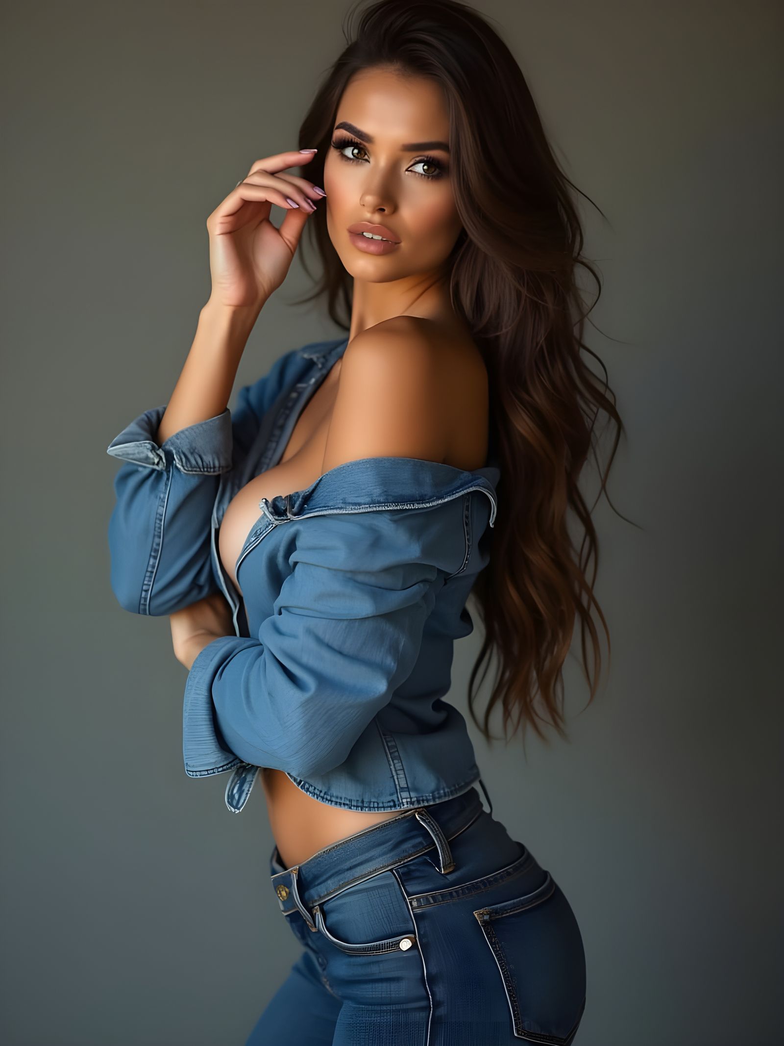 Sultry Woman in Jeans, Hourglass Figure, Pale Eyes