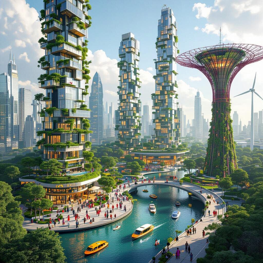 Futuristic Green City with Skyscrapers and Solar Panels
