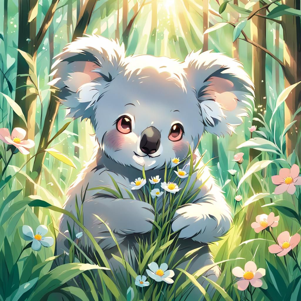 Anime Koala Portrait in Forest with Soft Lighting