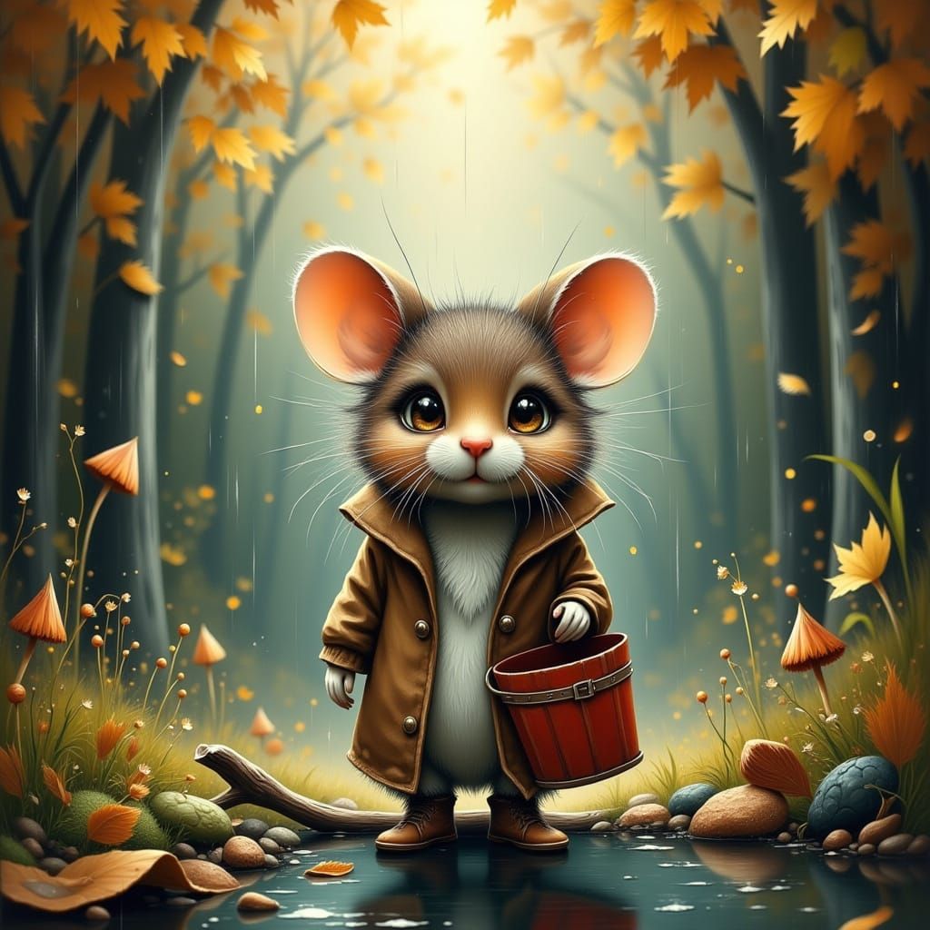 Enchanted Autumn Forest Mouse with Bucket Illustration