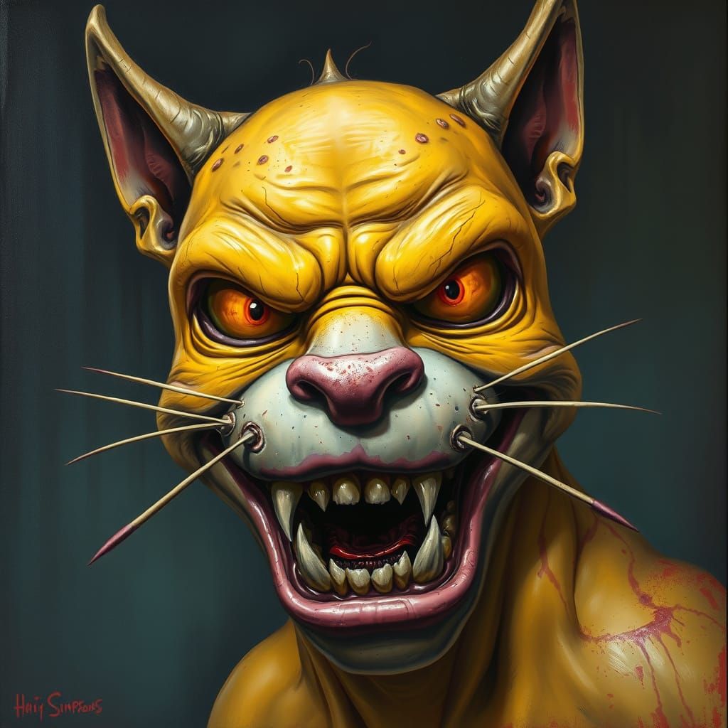 Homer Simpson, evil cat demon, rotted skin, ugly nose, ugly ...