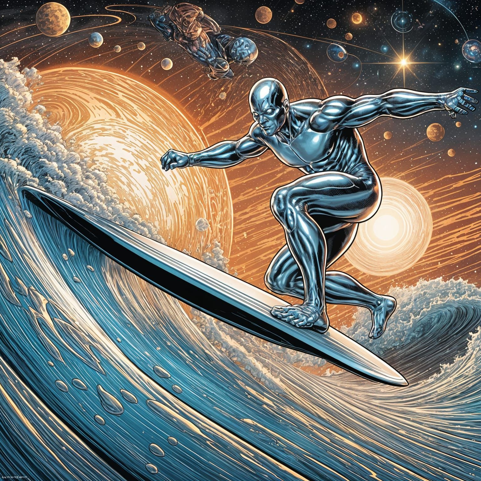 Marvels Silver Surfer, on a surf board