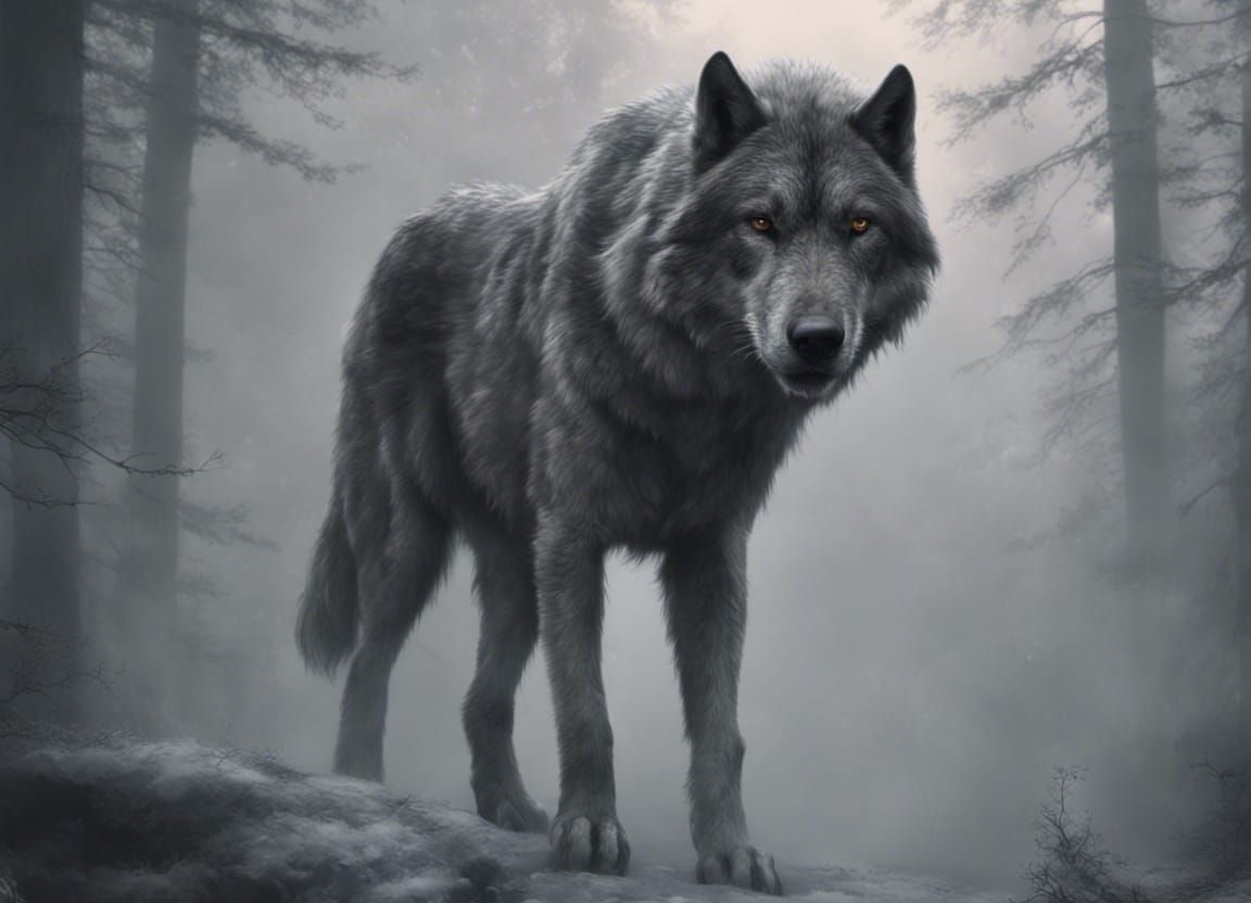 Magnificent Grey Dire Wolf Emerging from Foggy Forest