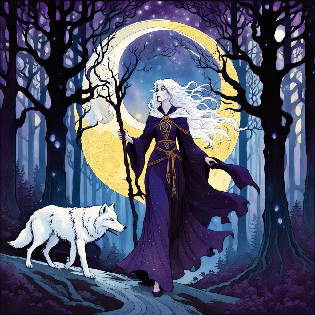 Goddess and Wolf in Moonlit Forest, Art Nouveau