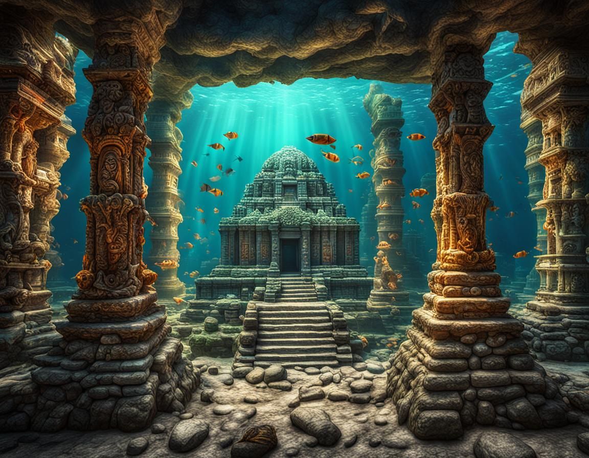 Submerged Mayan Temple Ruins with Transparent Fish