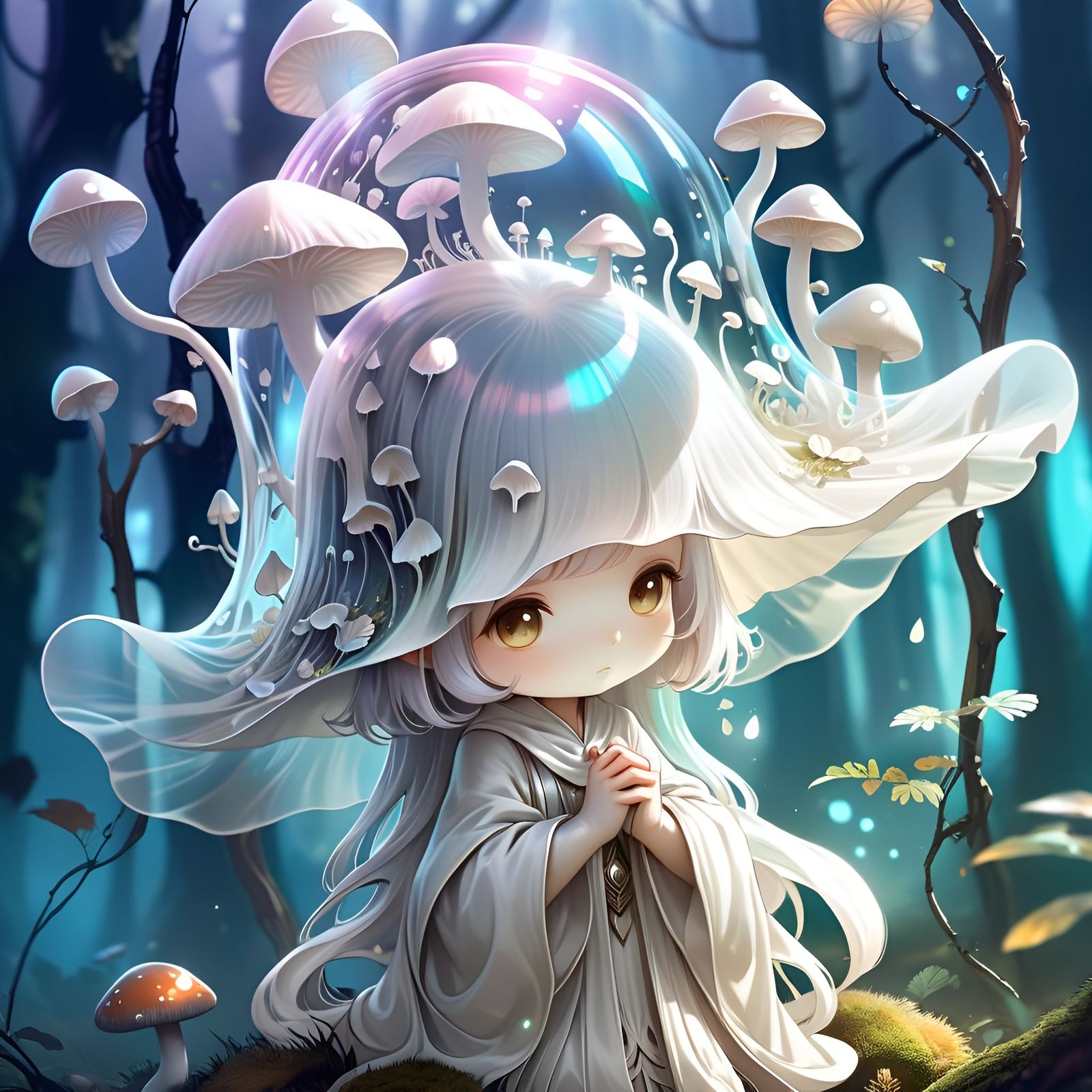 Adorable Chibi Ghost in Fantasy Mushroom Forest