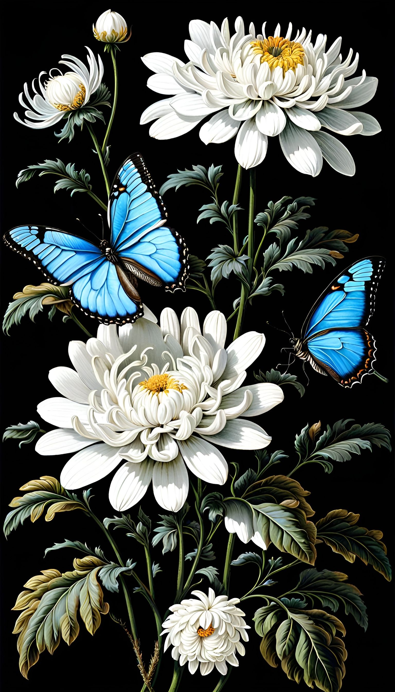 Chrysanthemums and Blue Butterflies in Watercolor Style