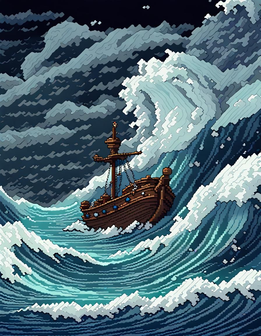 Boat in Ocean Storm Pixel Art