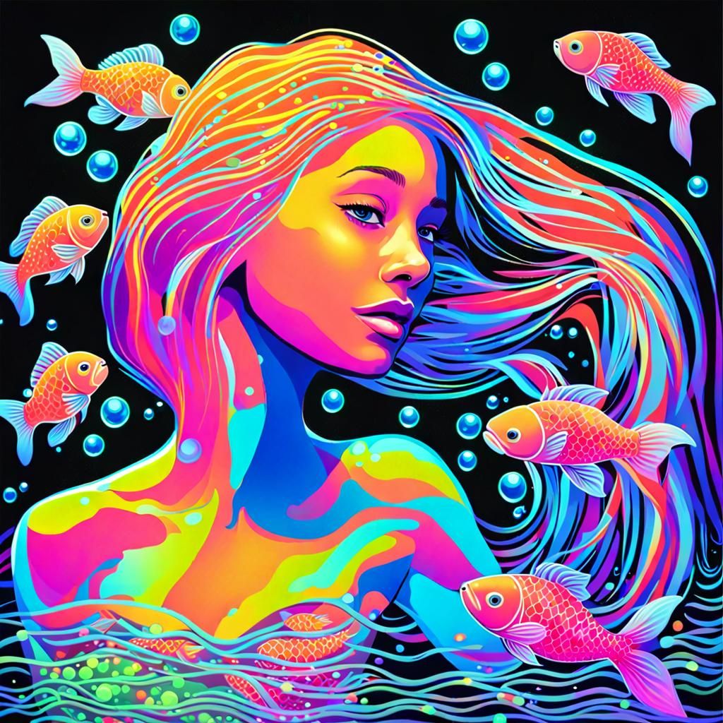 Neon Mermaid in Bioluminescent Underwater Scene
