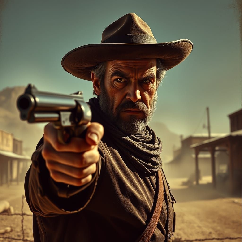 Grizzled Priest Draws Six-Shooter in Desert Western Scene