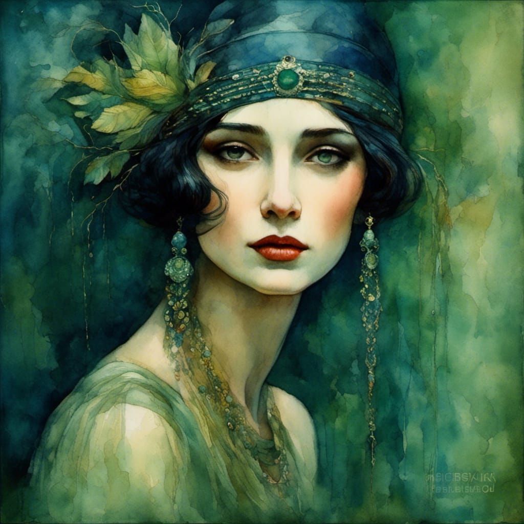 Vintage Flapper Portrait in Impasto Watercolor Style