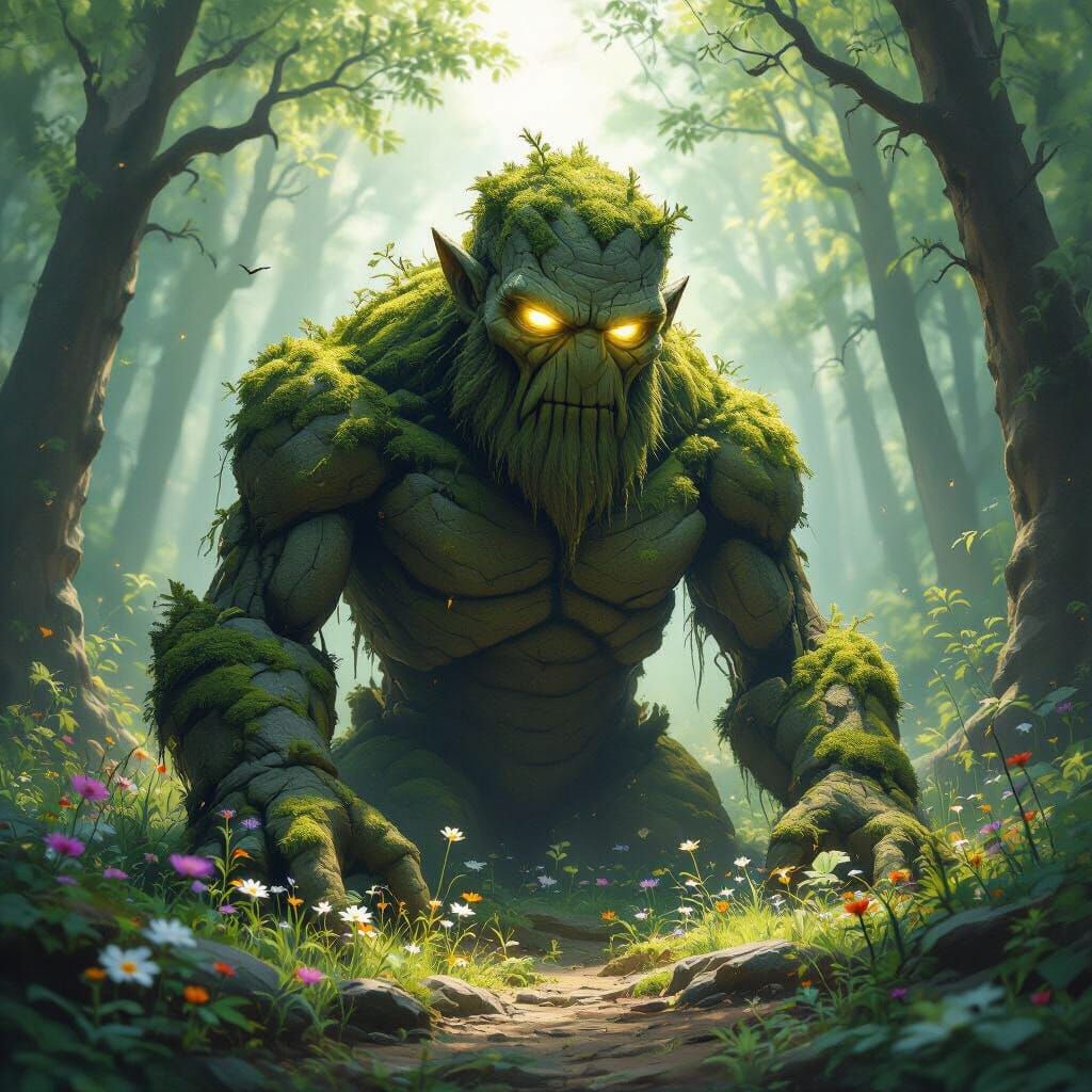 Mossy Stone Golem Awakens in Sunlit Forest Clearing