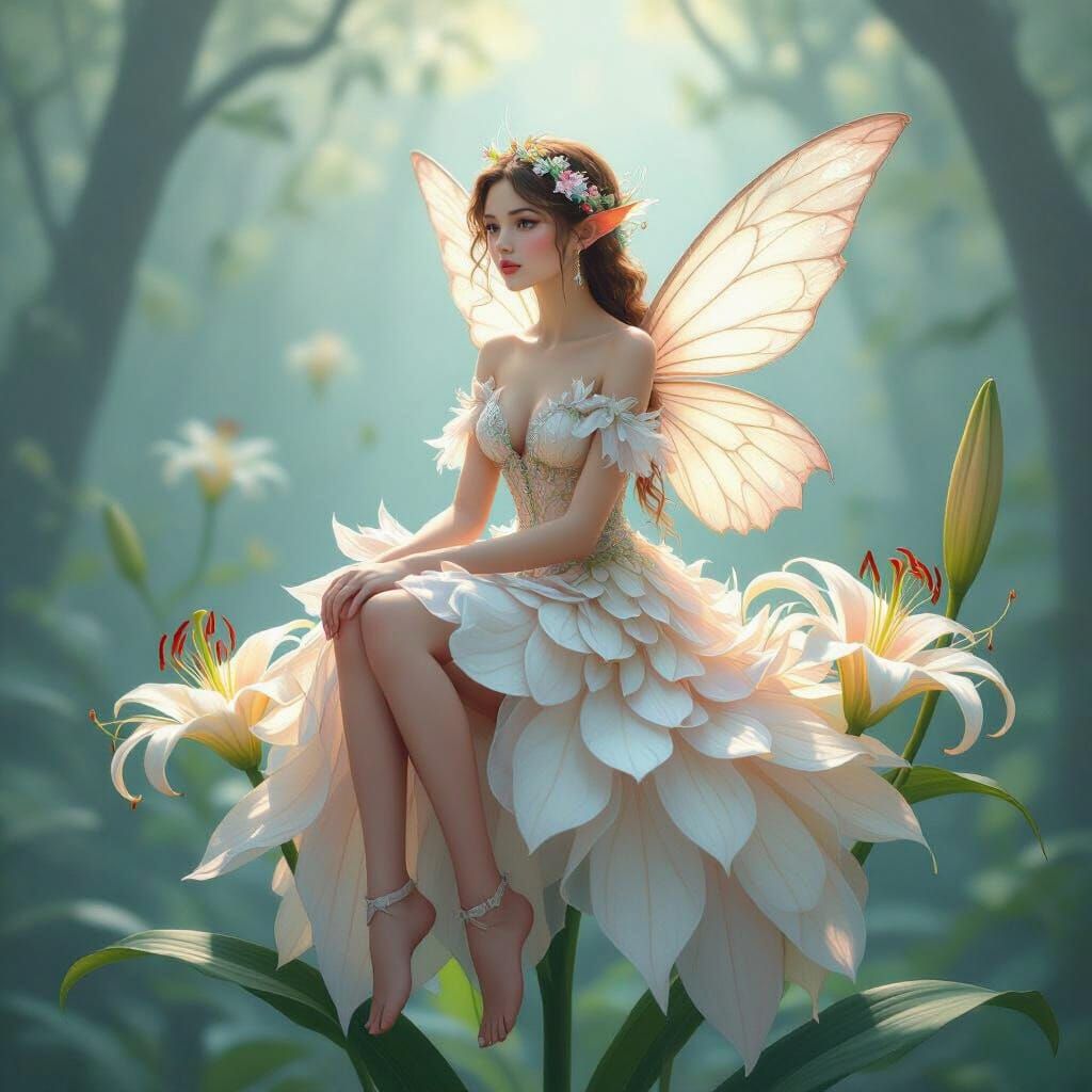 Ethereal Fairy on Spider Lily in Misty Forest