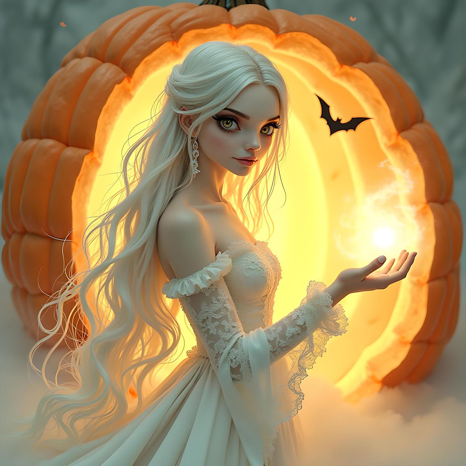 Whimsical Witch with Pumpkin, Tim Burton Style