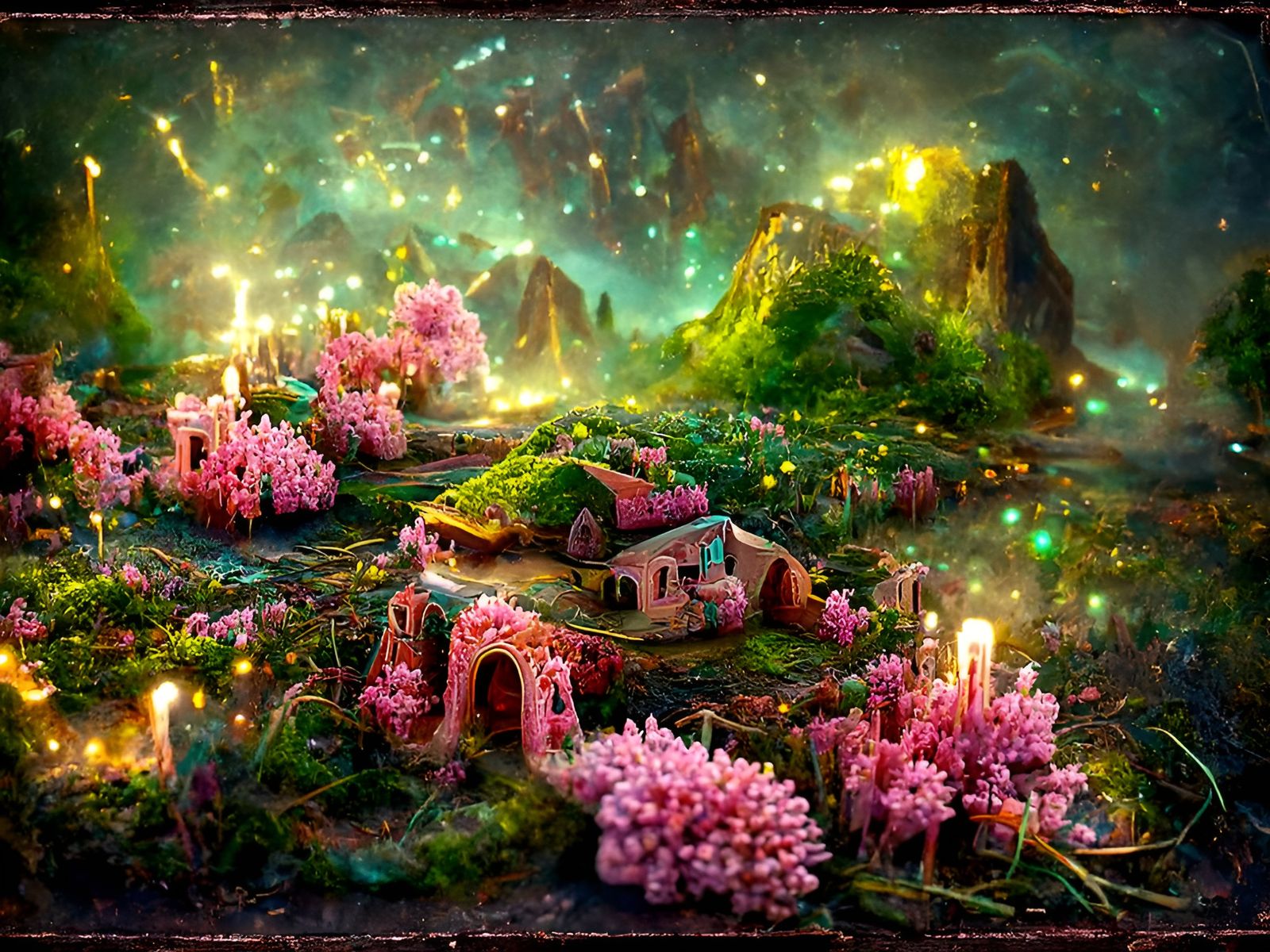 Pastel Miniature Village Vista in Assemblage Style