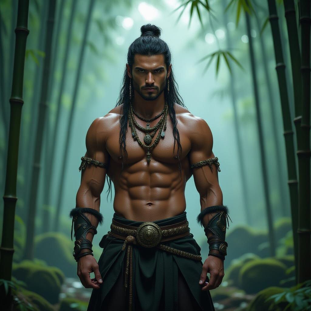 Renaissance Warrior in Overgrown Bamboo Forest