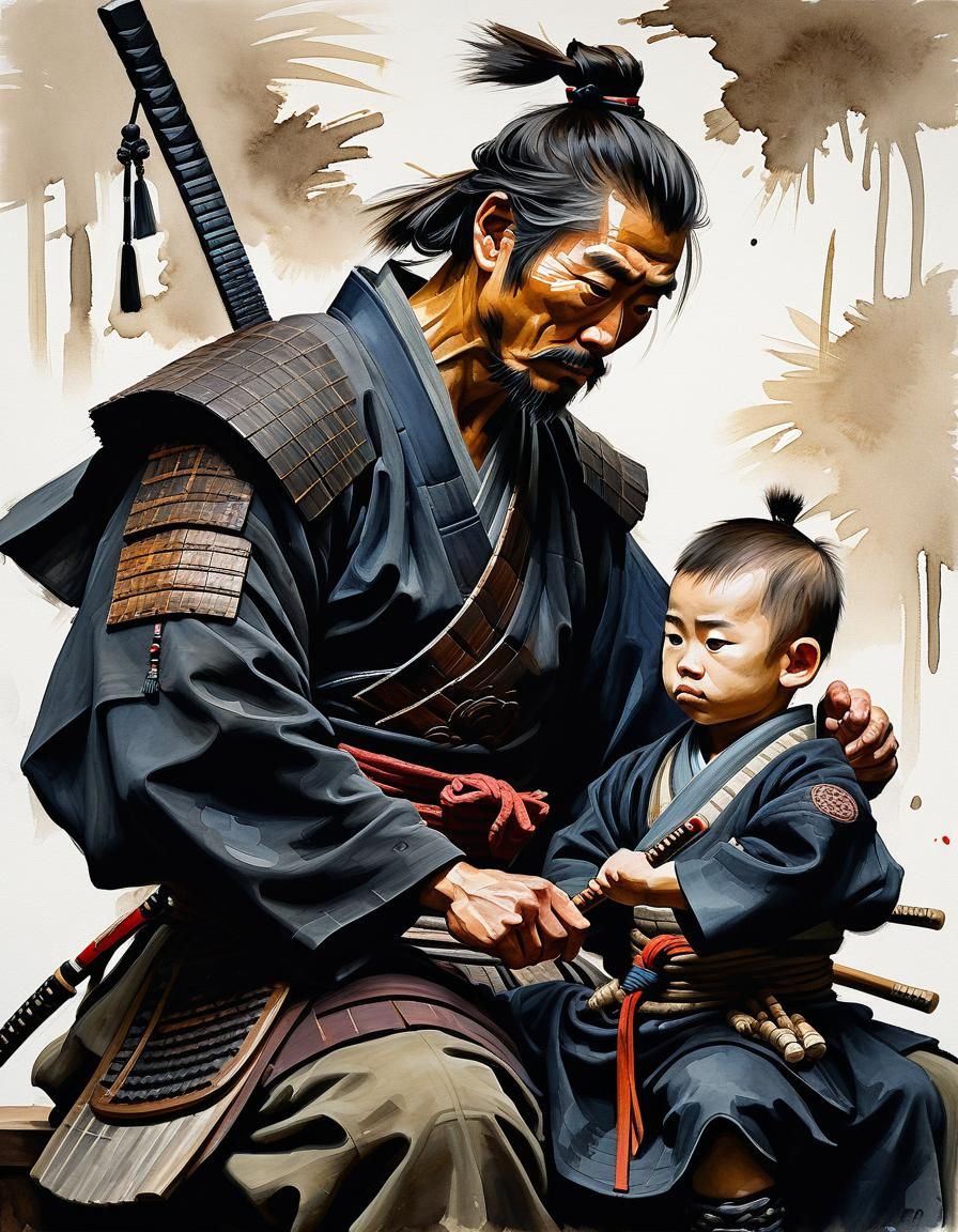 Samurai Father and Son: Rembrandt-Style Oil Painting