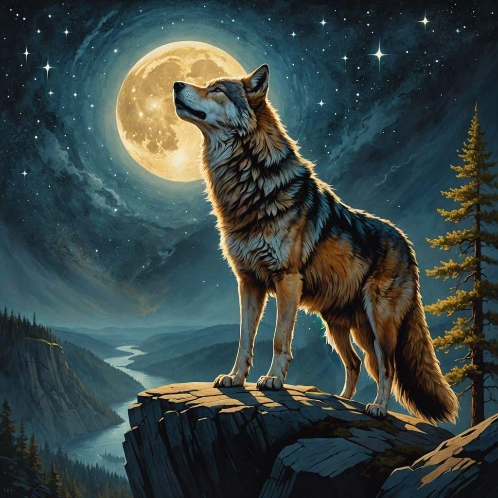 Wolf Howling at Starry Night, Oil Painting