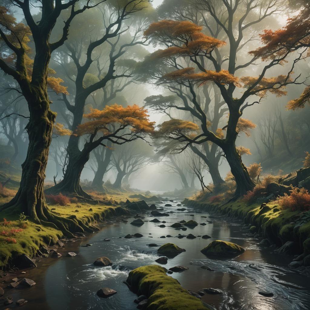 Colorful Stream in Mist: Digital Matte Painting