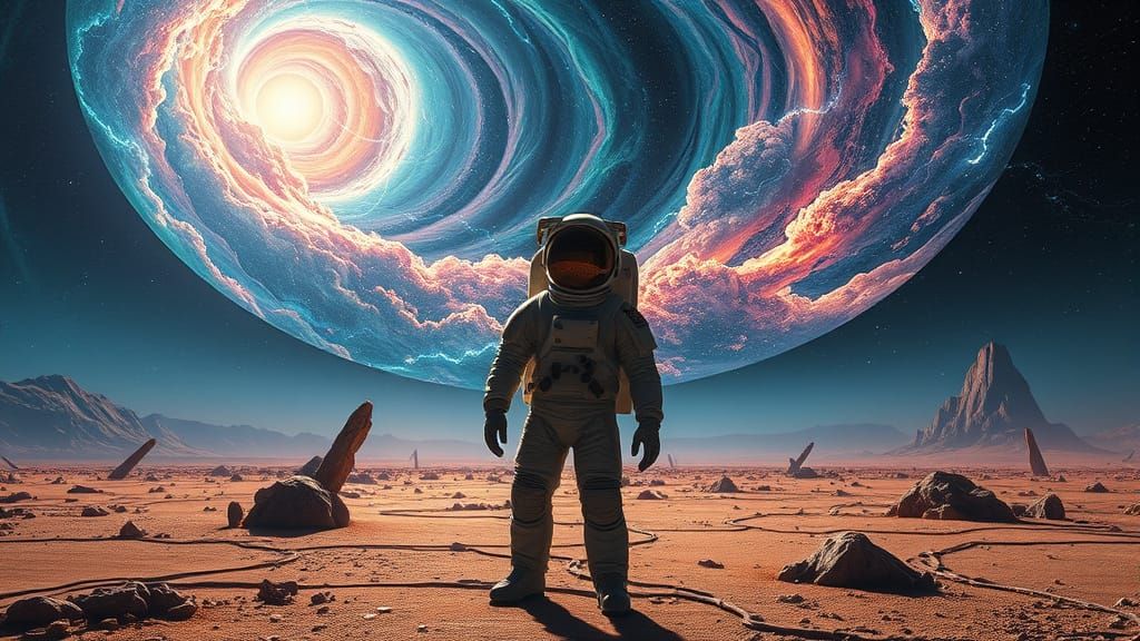 Astronaut on Alien Planet Gazing at Nebula