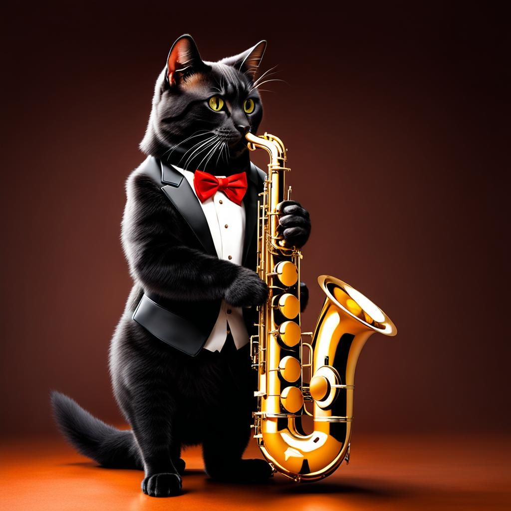 Cat Plays Tenor Saxophone in Amusing Image