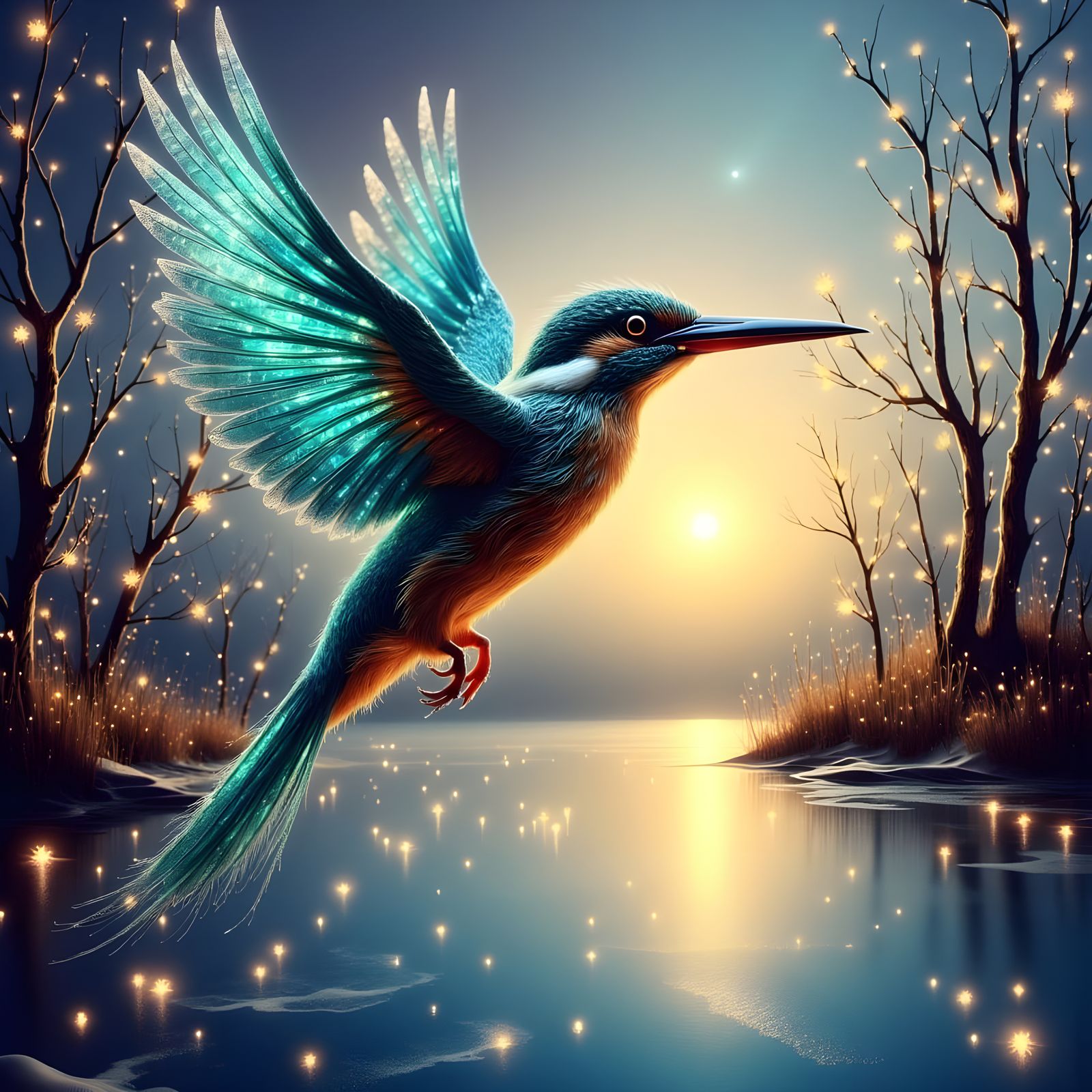 Surreal Kingfisher Soars Above Frozen Lake in Vibrant, Iride...