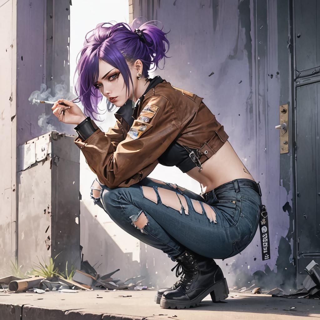 Punk Girl with Purple Hair and Leather Jacket