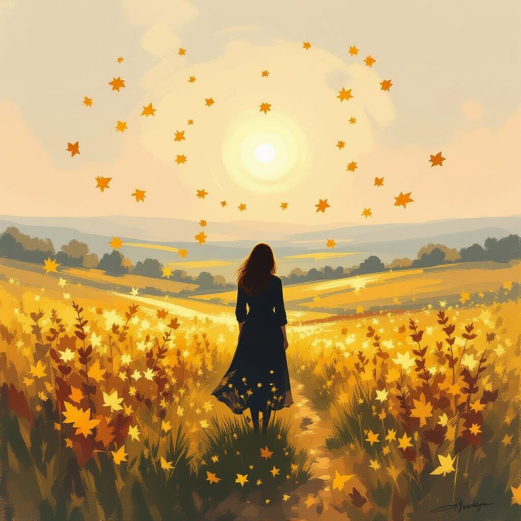 Woman in Ethereal Valley with Golden Leaves