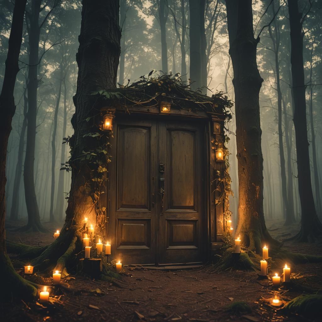 Enchanted Forest Doors at Night: Cinematic Film Still