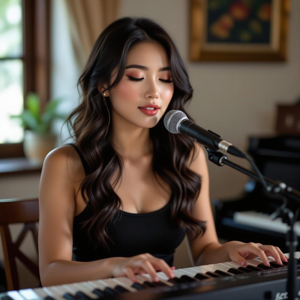 Young Woman Plays Keyboard and Sings with Eyes Closed