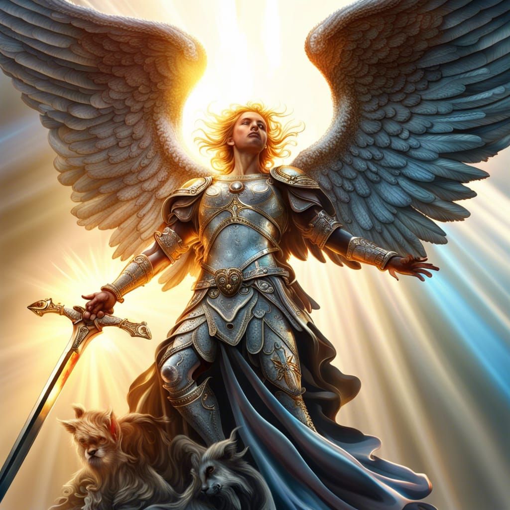 Majestic Angel with Sword in Hyperrealistic Battle