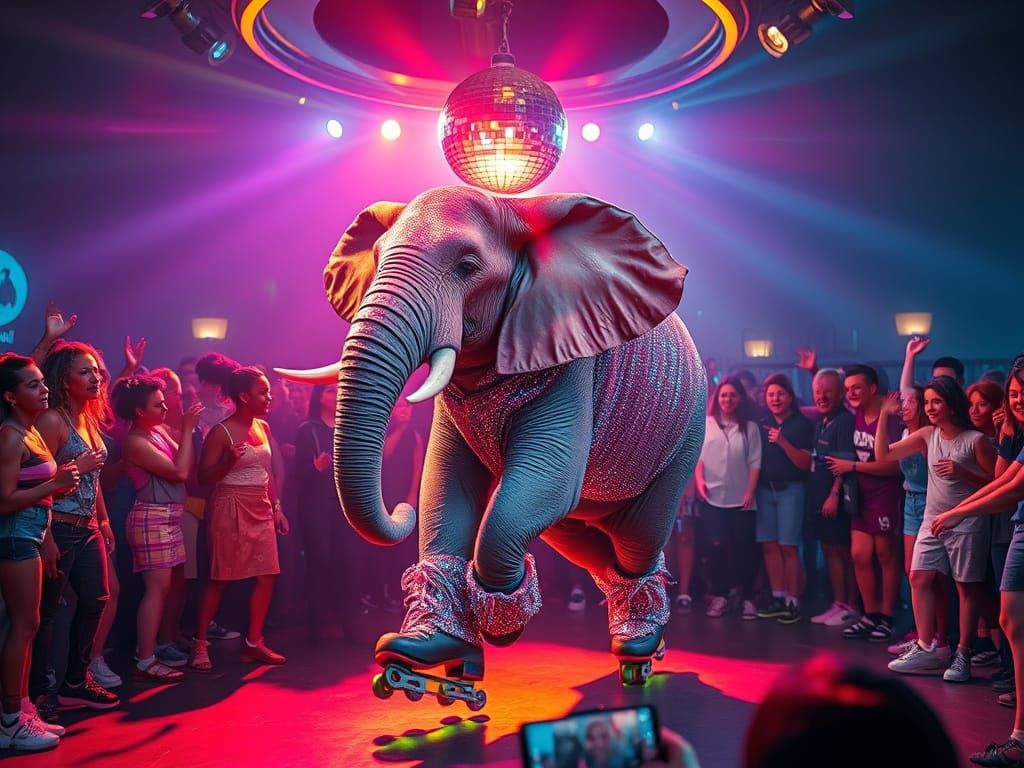 Elephant Disco Roller Skating in Neon