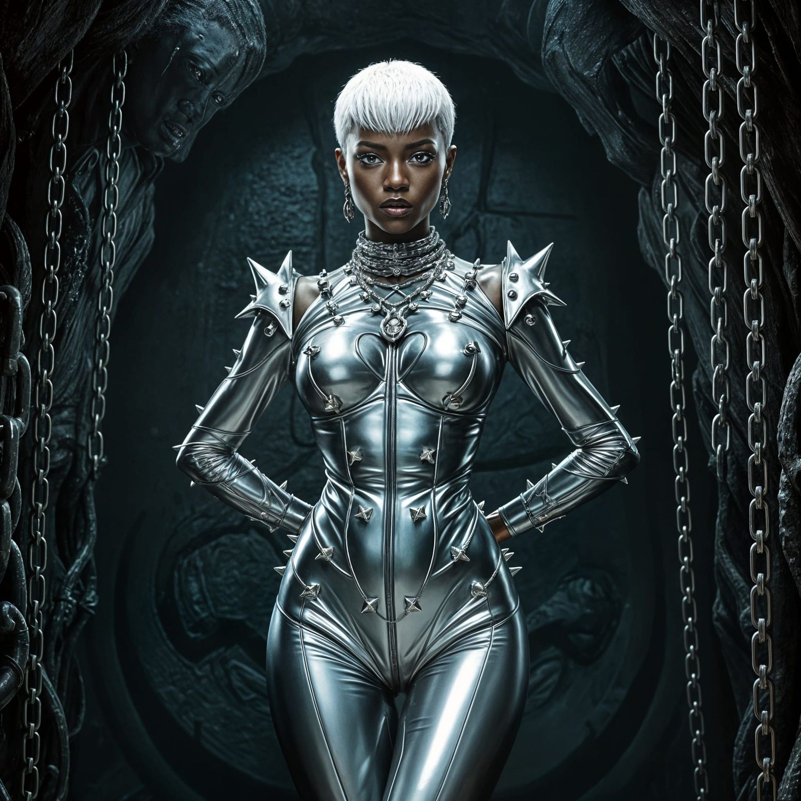 Confident Sci-Fi Woman in Obsidian Dungeon
