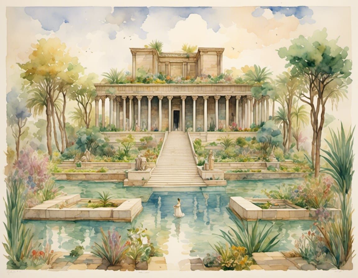 Hanging Gardens of Babylon in Watercolor Style