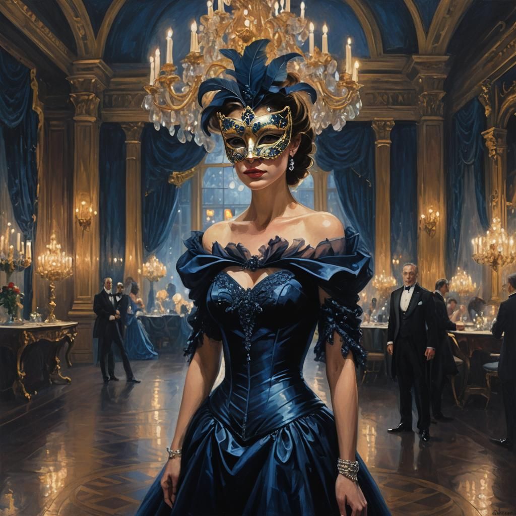 Masked Woman in Gown, Oil Painting in Shadows