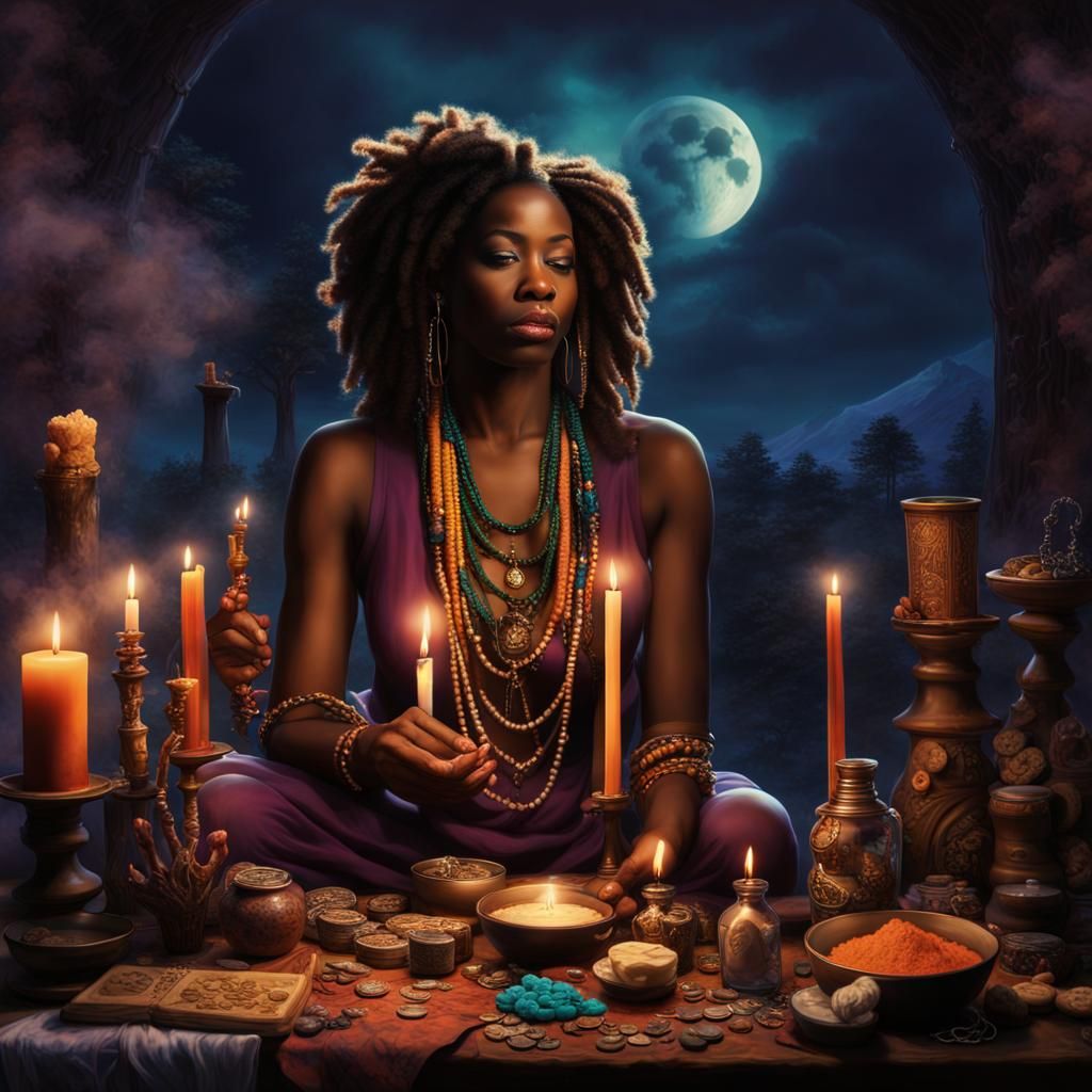 Hoodoo Practitioner Under Moonlight: Detailed Matte Painting