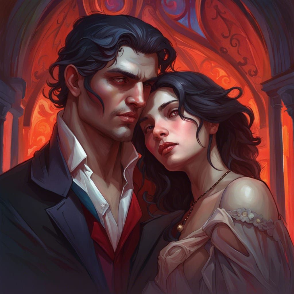 Italian Vampire Couple Portrait in Art Nouveau Style