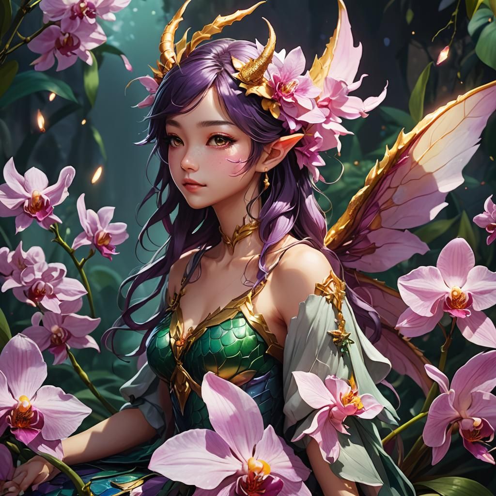 Dragon Fairy on Orchid Petal: Anime Concept Art