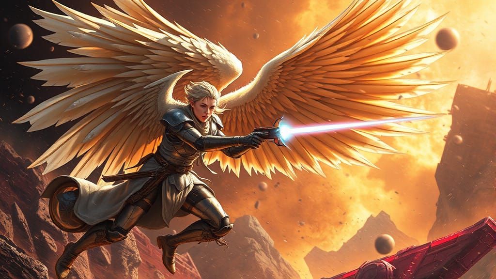 Cyberpunk Angel Engages in Intense Sci-Fi Battle