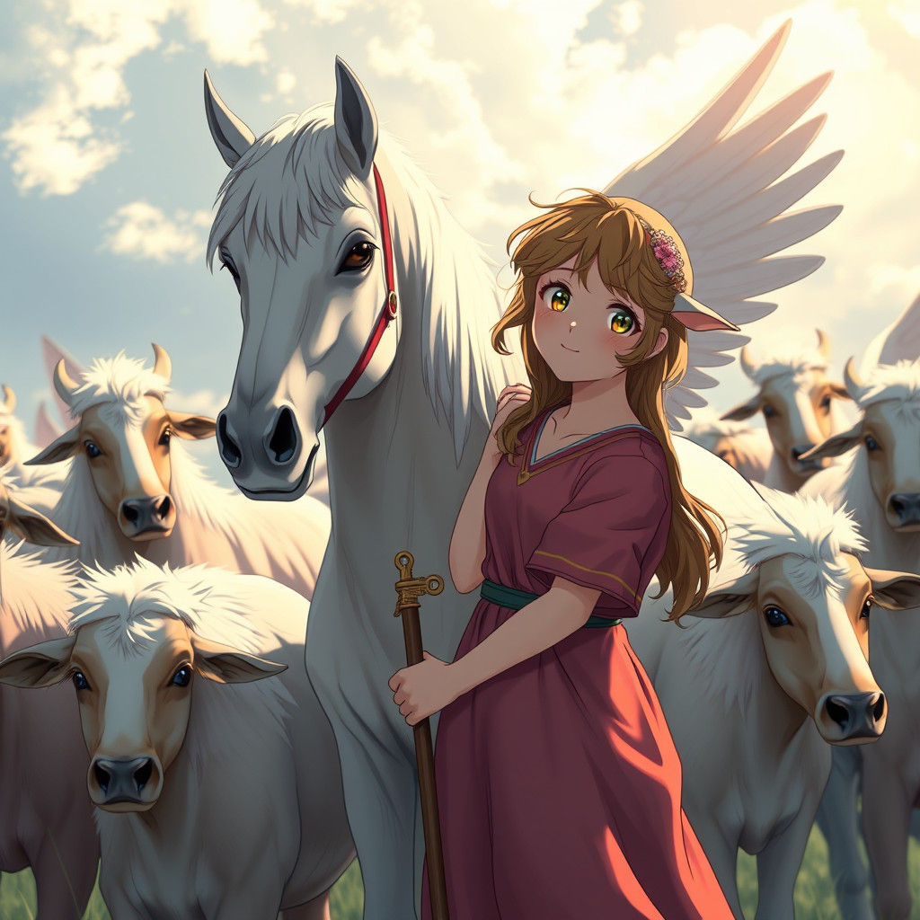 Cute Shepherdess Girl Herding Pegasuses in Anime Style
