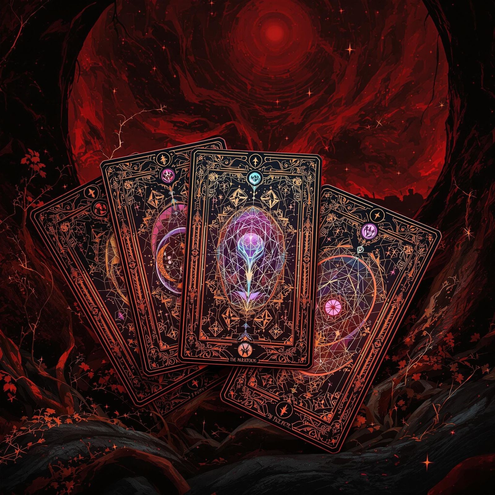 Ornate Bioluminescent Tarot Cards in Retro Sci-Fi Style