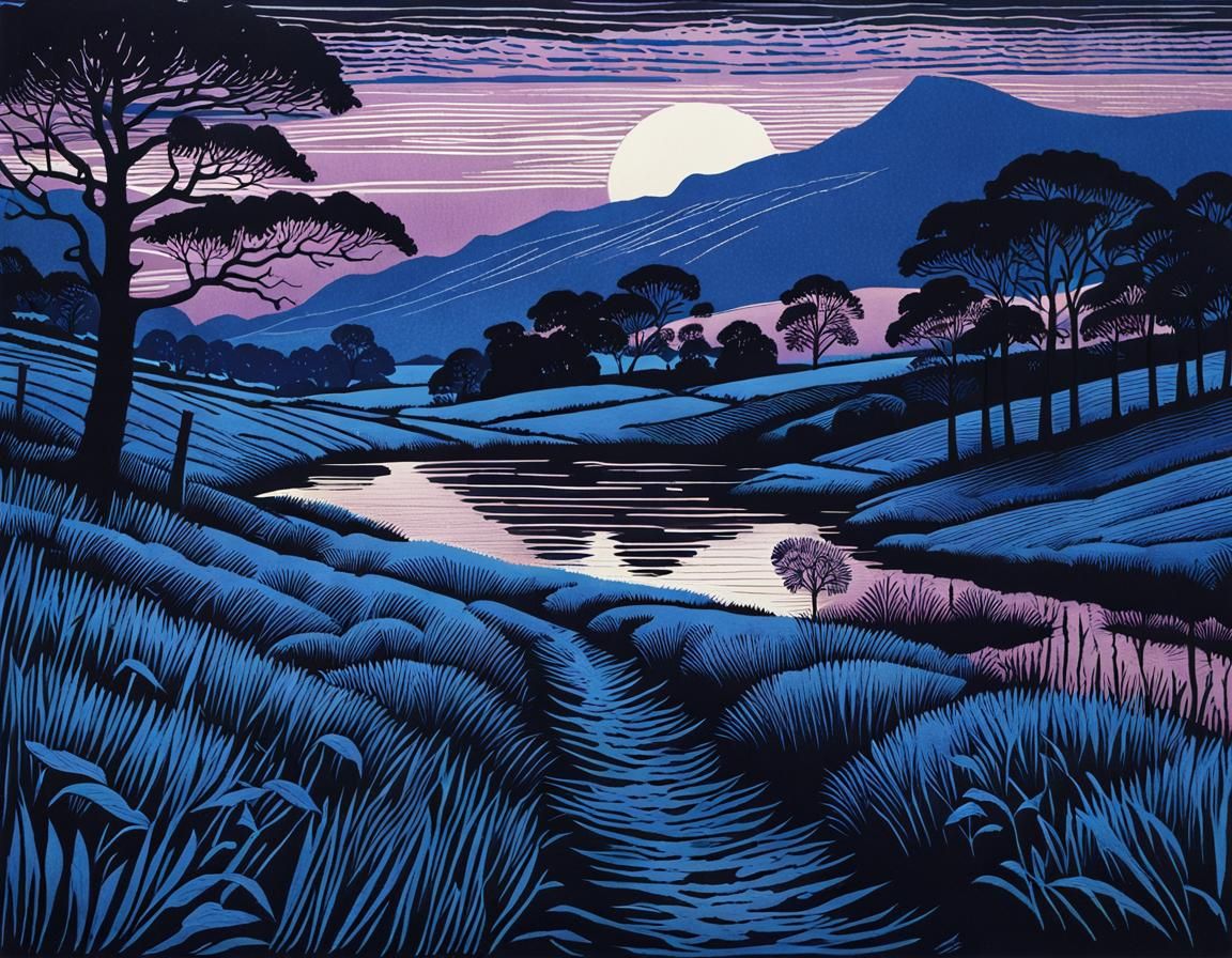 Night Blue Landscape: Hand-Colored Linoprint Art