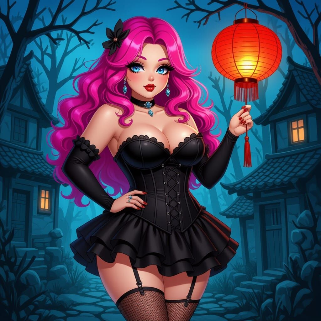 Anime Style Woman with Pink Hair in Abandoned Village