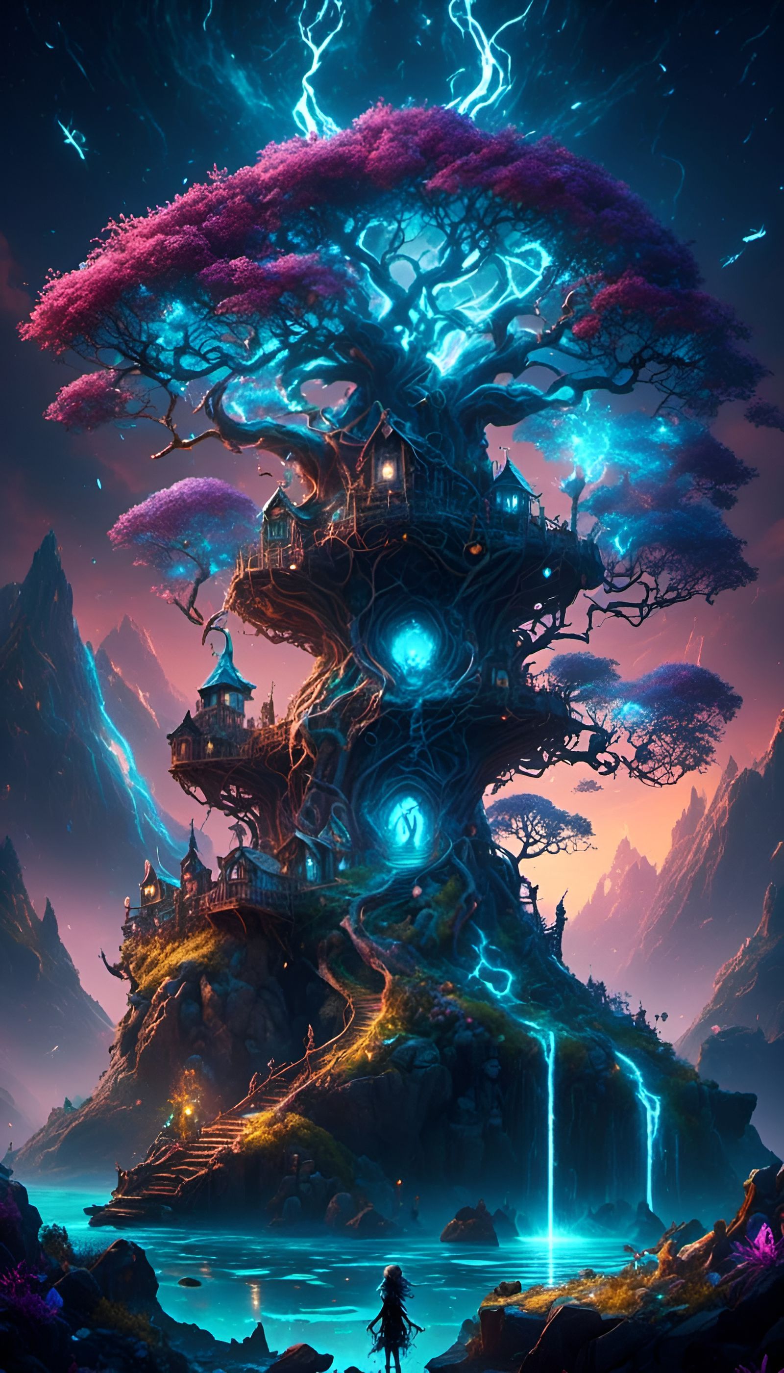 Yggdrasil: Bioluminescent World Tree in Electric Sky